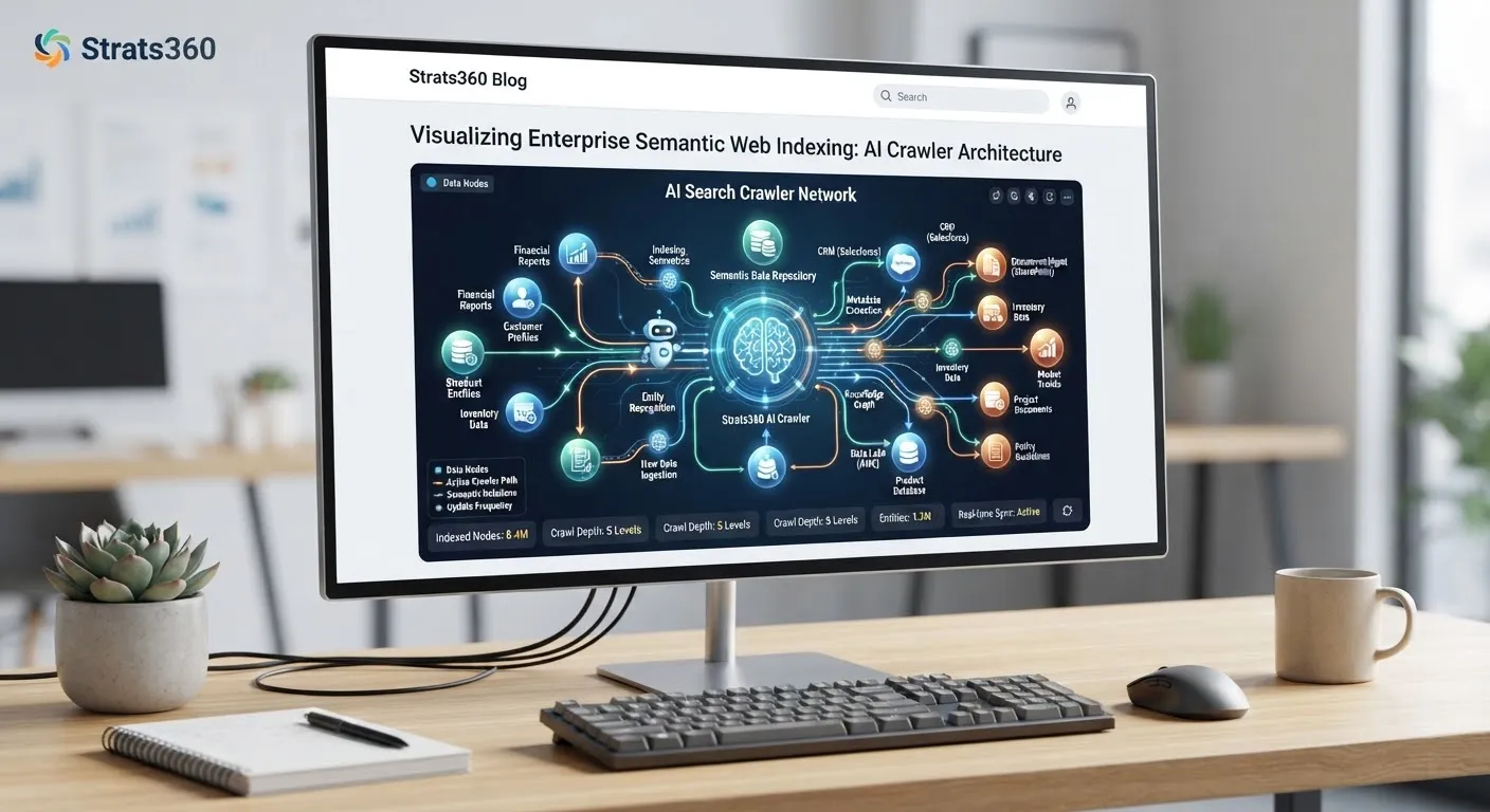 Interactive vector graphic diagram of artificial intelligence search engine crawler indexing enterprise semantic web data nodes on modern clean monitor screen