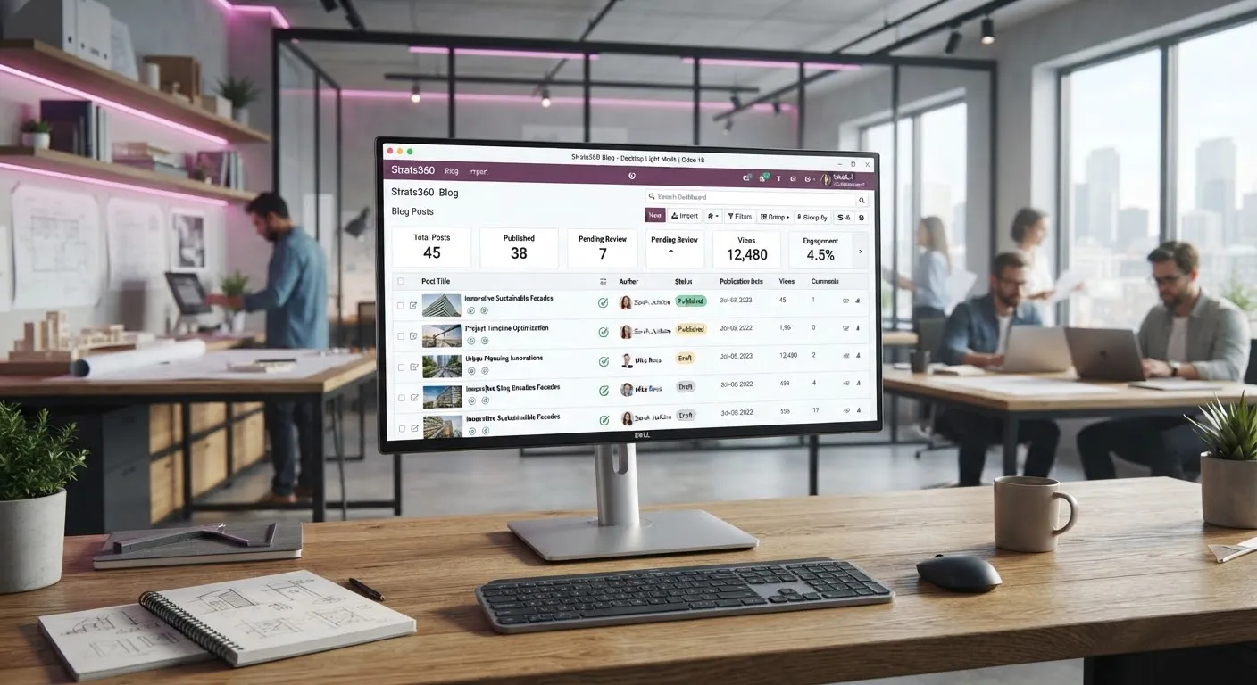 Modern high tech Odoo 18 backend user interface mockup displayed on an ultra-slim metallic workstation in an architectural engineering studio with subtle magenta ambient rim light and clean slate dashboard elements