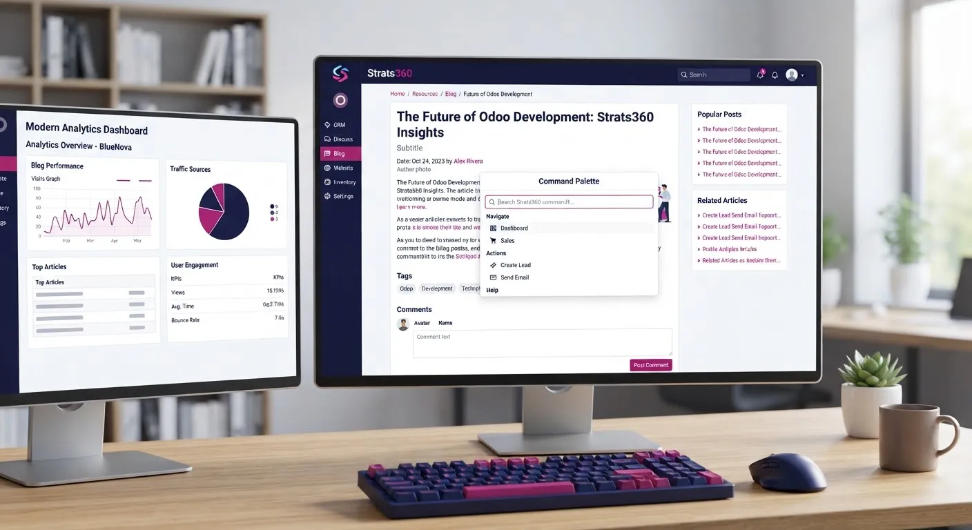 Futuristic software interface preview showing Strats360 BlueNova Odoo theme with sleek deep navy and magenta accents, custom command palette, and modern analytics dashboards on high resolution monitors