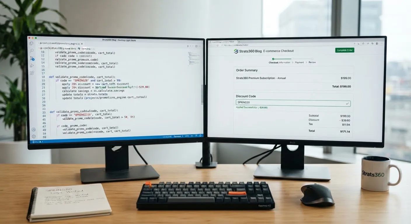 Close up view of digital promotion logic code terminal alongside an e-commerce checkout interface showing successful promotional discount code verification