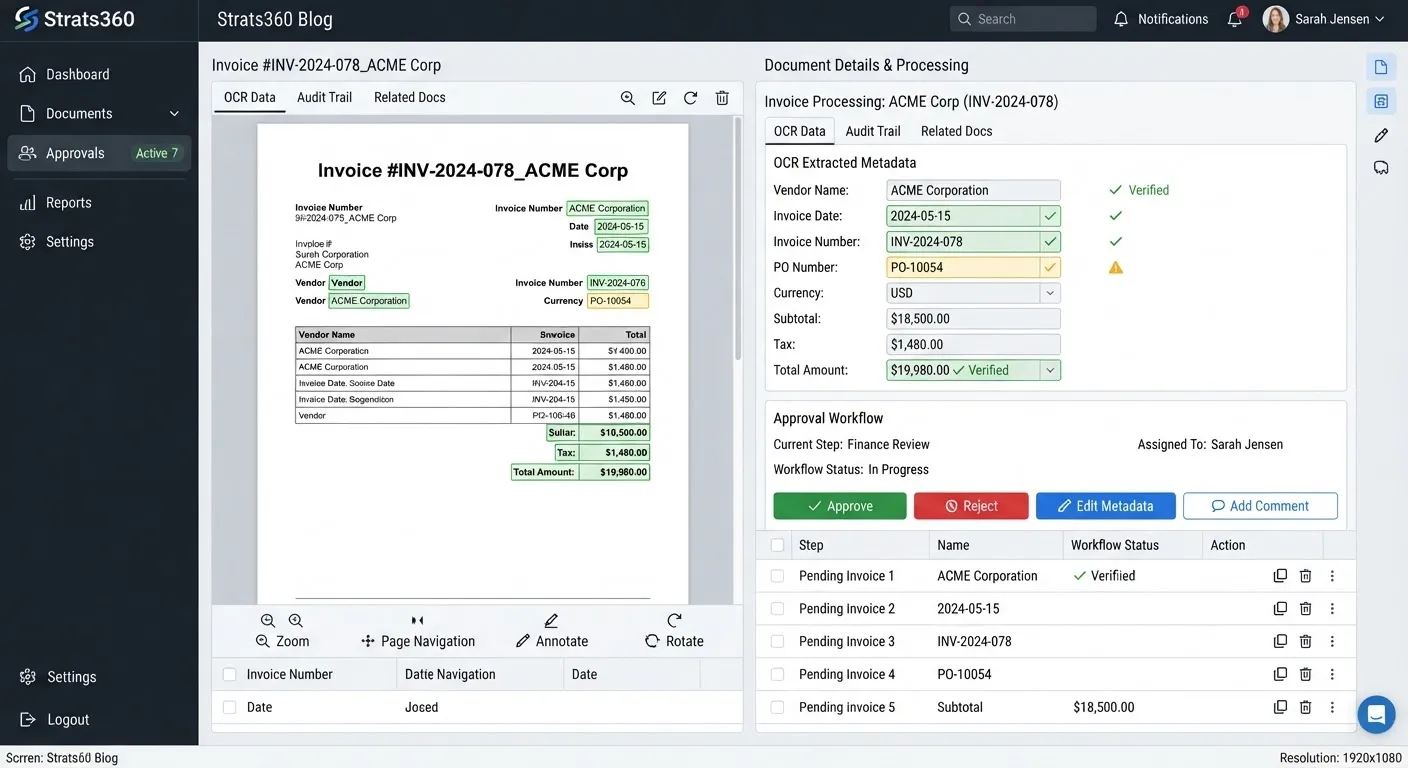Digital document management interface preview displaying OCR extraction of invoices metadata tagging and split screen PDF approval pipeline in crisp enterprise theme