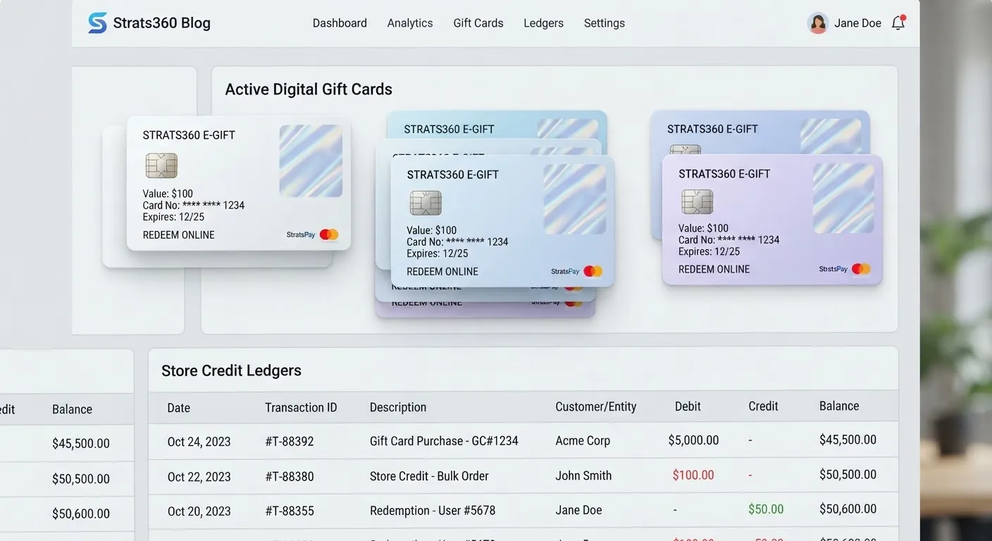 Minimalist electronic gift cards with digital chip holographic foil and store credit ledgers displayed on enterprise UI dashboard screen