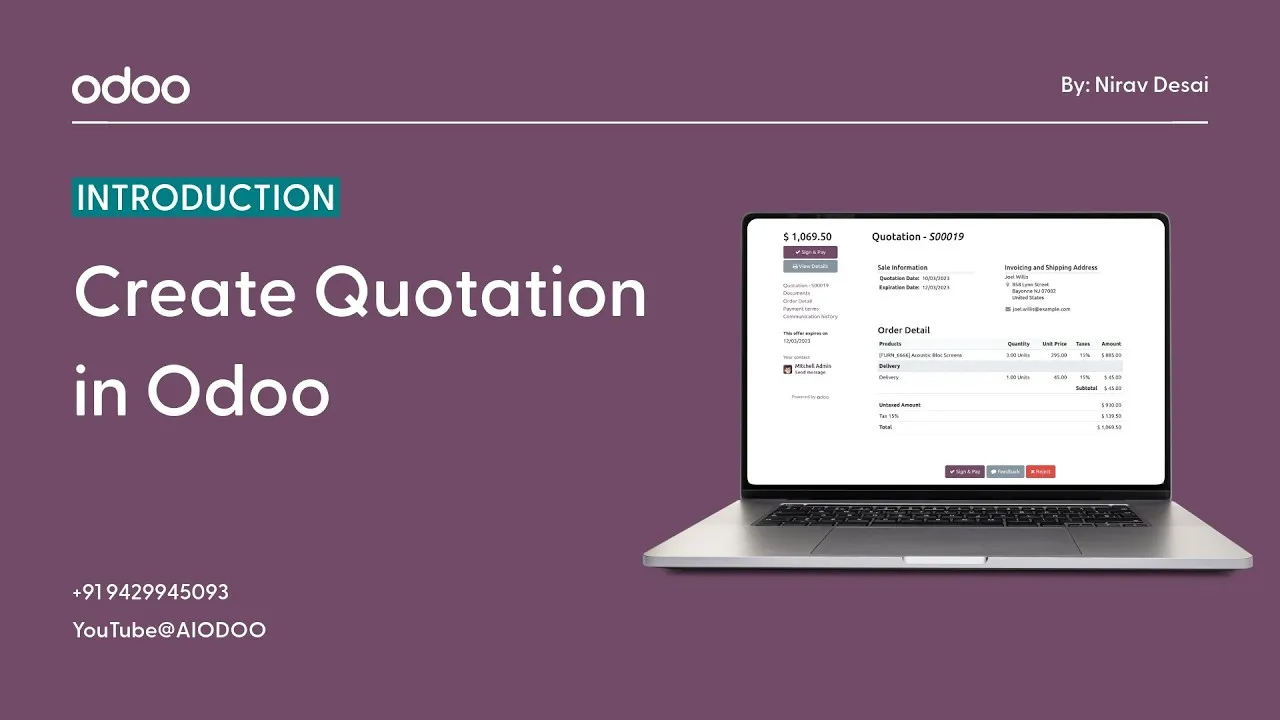 Odoo tutorial cover on purple background with laptop showing a quotation screen, title 'Create Quotation in Odoo' by Nirav Desai.
