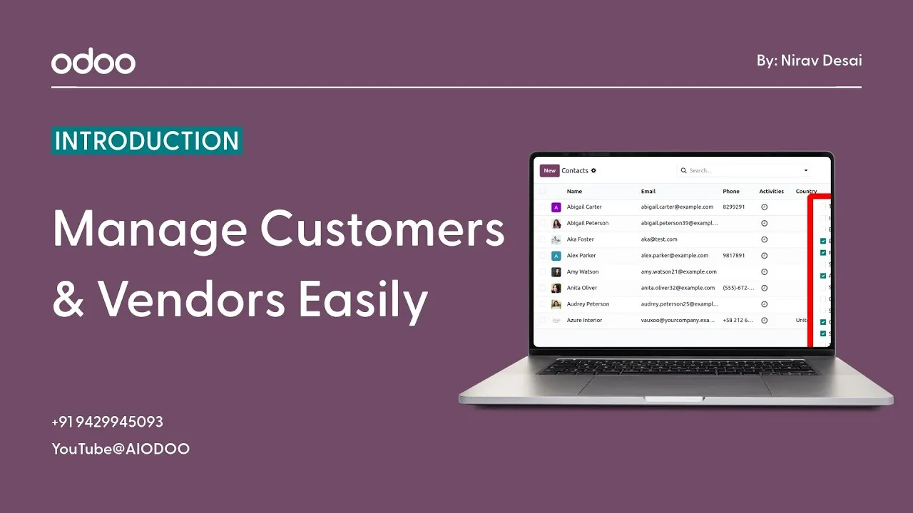 Intro banner for an Odoo guide: purple background, 'INTRODUCTION' badge, large title 'Manage Customers & Vendors Easily' with a laptop showing a contact list.