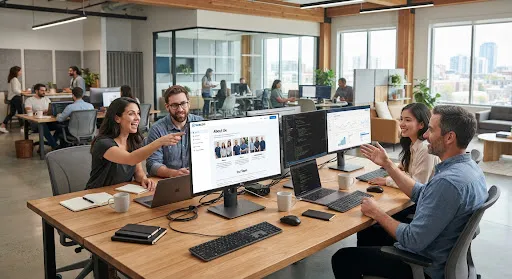 Modern enterprise software development lab with engineers collaborating around monitors