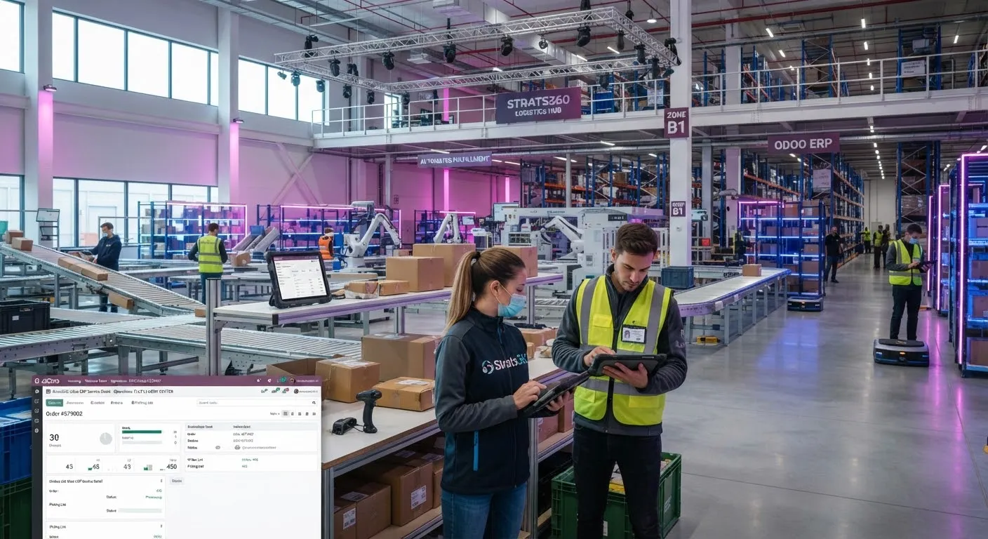 Automated logistics fulfillment center with technicians using Odoo inventory software on tablets