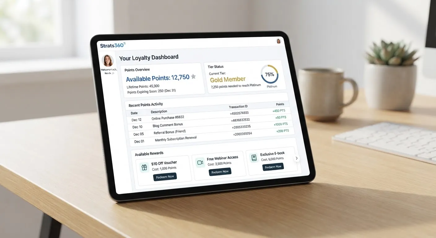 Digital loyalty program point dashboard on tablet showing points accumulation customer tiers and transaction rewards in high clarity clean technical light aesthetic