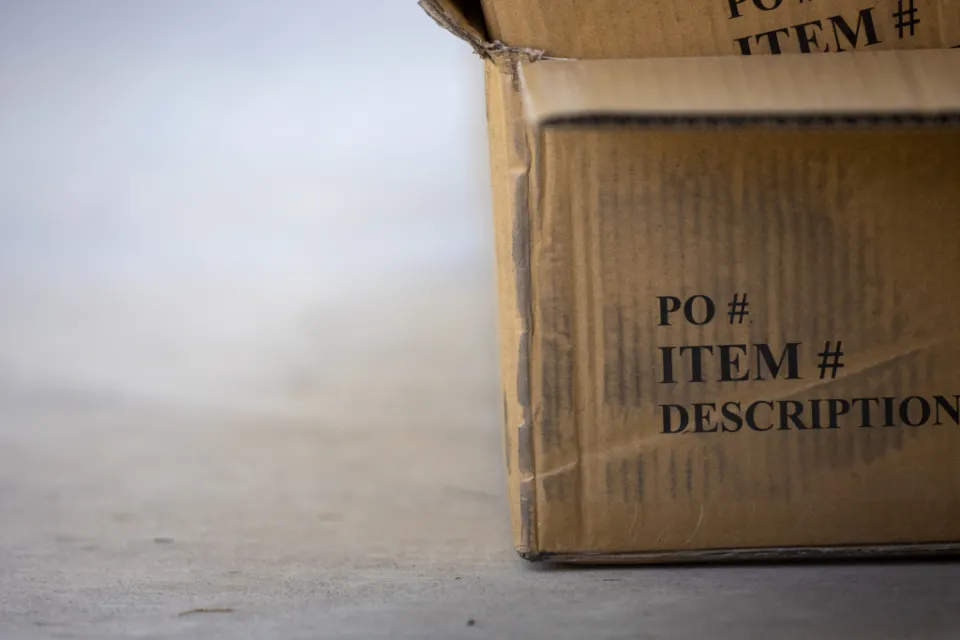 Cardboard shipping box labelled with an item number