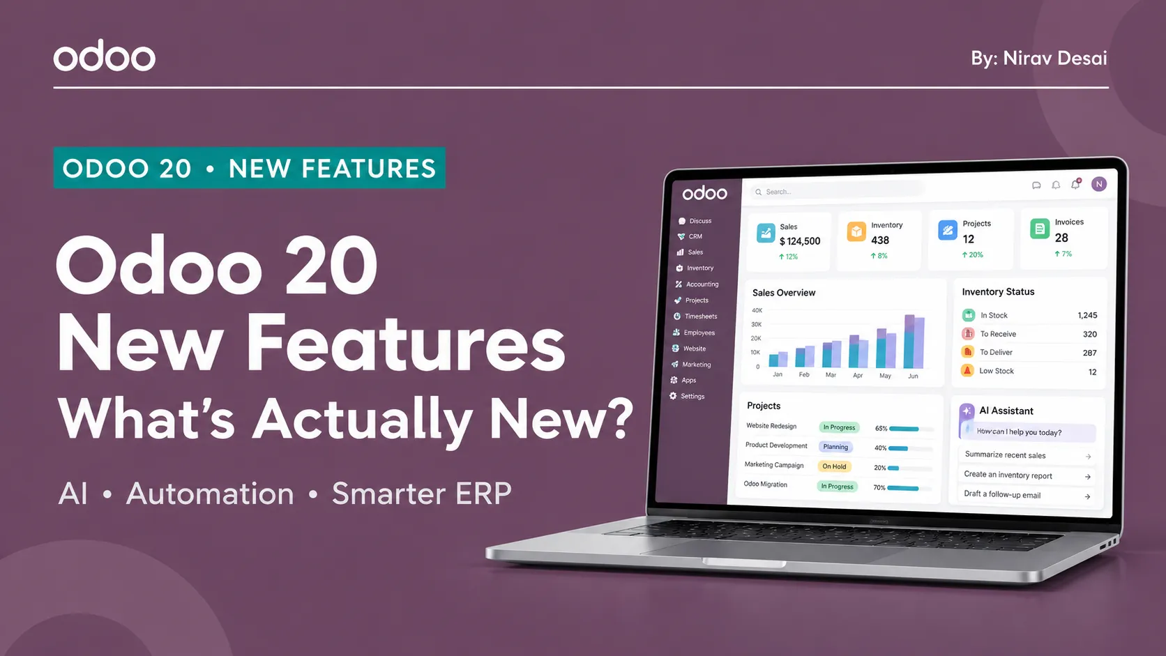 Odoo 20 new features, including AI automation, accounting, inventory, and business management tools