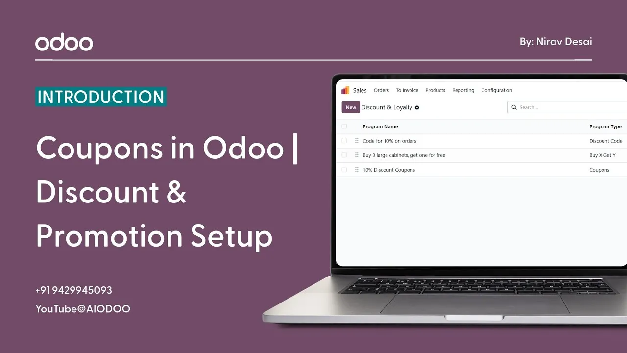 Tutorial cover: Odoo logo, 'Introduction' badge, and large title 'Coupons in Odoo | Discount & Promotion Setup' with a laptop showing the software interface on a purple background.