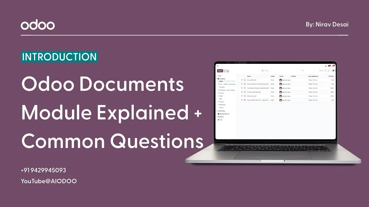 Hero banner for a tutorial: purple background, Odoo logo, 'INTRODUCTION' badge, large text 'Odoo Documents Module Explained + Common Questions', laptop displaying a dashboard on the right, contact info bottom left.