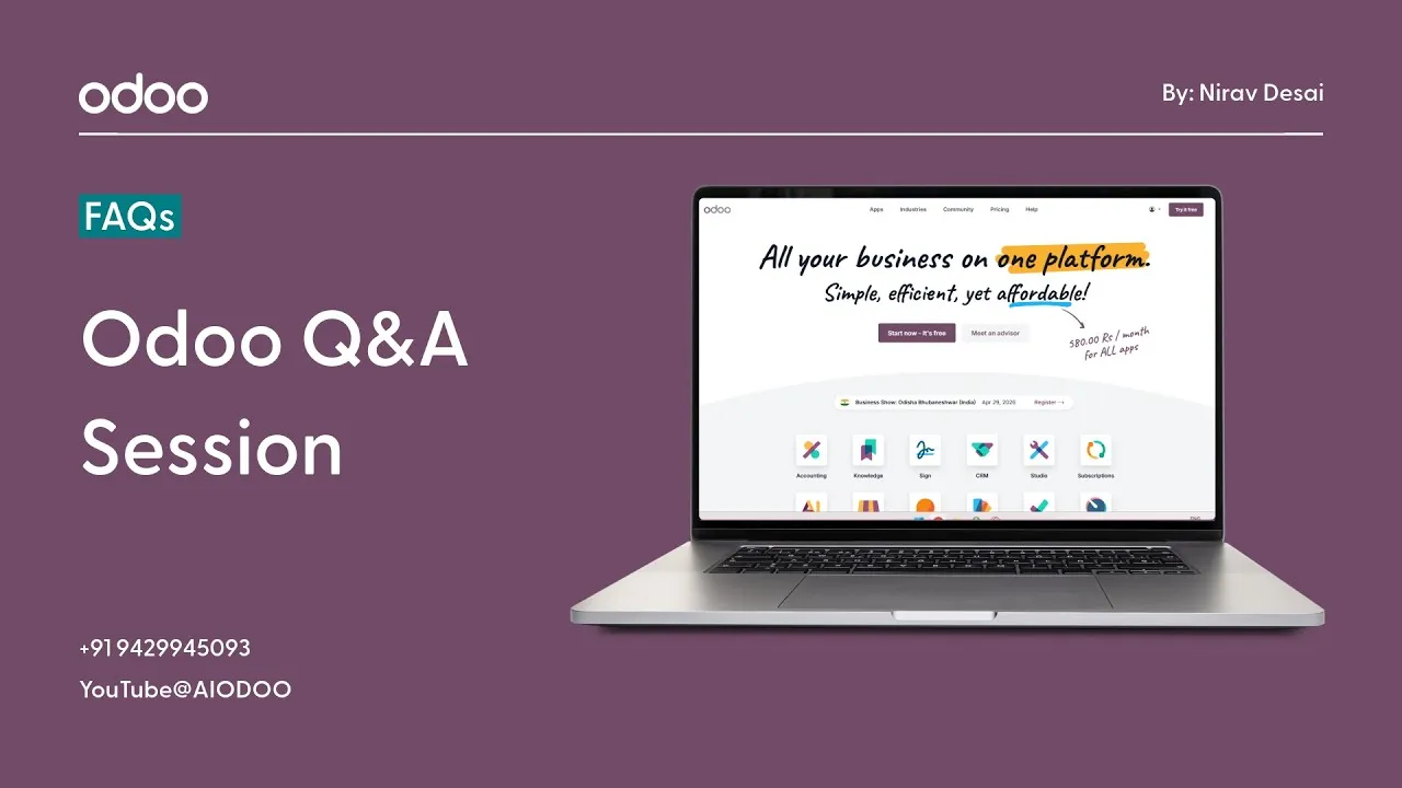 Purple-themed hero: large text reads 'Odoo Q&A Session' with a teal 'FAQs' badge on the left; a laptop displaying the Odoo interface sits on the right; top-right text says 'By: Nirav Desai'; bottom-left shows the contact '+91 9429945093' and 'YouTube@AIOODOO'