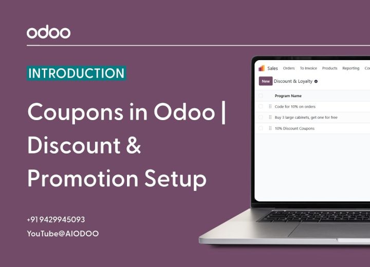 Tutorial cover: Odoo logo, 'Introduction' badge, and large title 'Coupons in Odoo | Discount & Promotion Setup' with a laptop showing the software interface on a purple background.