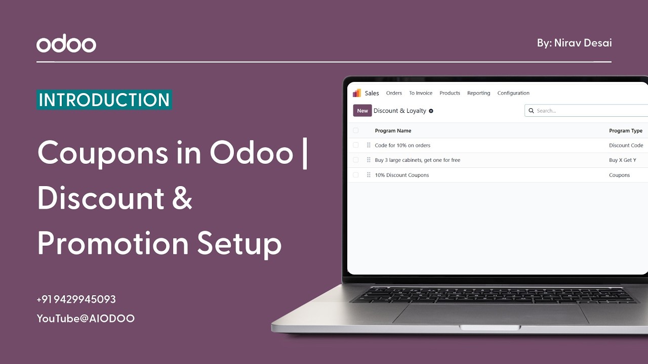 Tutorial cover: Odoo logo, 'Introduction' badge, and large title 'Coupons in Odoo | Discount & Promotion Setup' with a laptop showing the software interface on a purple background.