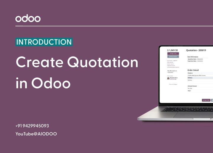 Odoo tutorial cover on purple background with laptop showing a quotation screen, title 'Create Quotation in Odoo' by Nirav Desai.