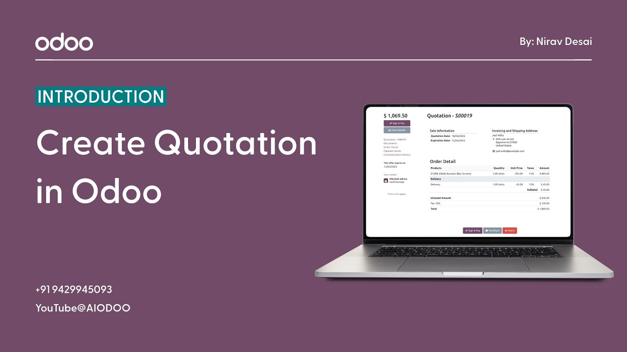 Odoo tutorial cover on purple background with laptop showing a quotation screen, title 'Create Quotation in Odoo' by Nirav Desai.