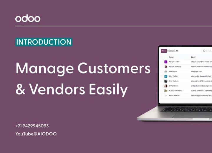 Intro banner for an Odoo guide: purple background, 'INTRODUCTION' badge, large title 'Manage Customers & Vendors Easily' with a laptop showing a contact list.