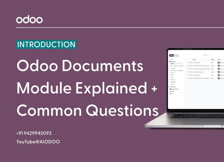 Hero banner for a tutorial: purple background, Odoo logo, 'INTRODUCTION' badge, large text 'Odoo Documents Module Explained + Common Questions', laptop displaying a dashboard on the right, contact info bottom left.