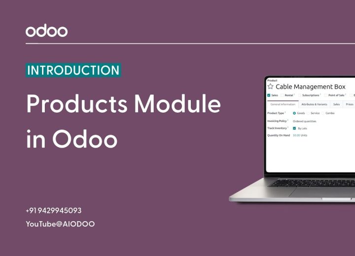 Thumbnail: purple background with 'Products Module in Odoo' text and a laptop showing the Odoo interface on the right.