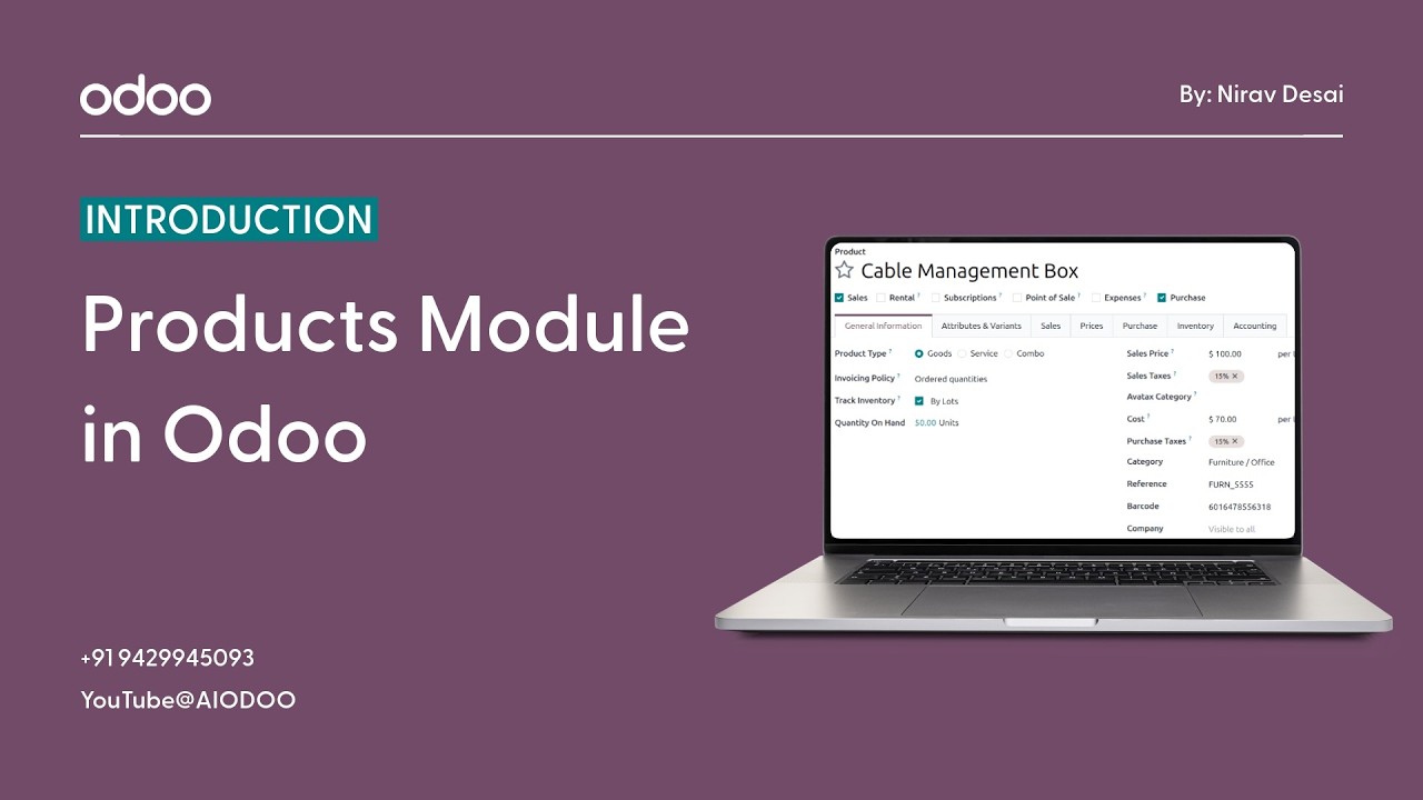 Thumbnail: purple background with 'Products Module in Odoo' text and a laptop showing the Odoo interface on the right.